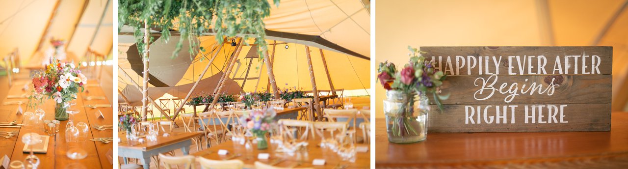 Wilflower wedding, place settings in tent